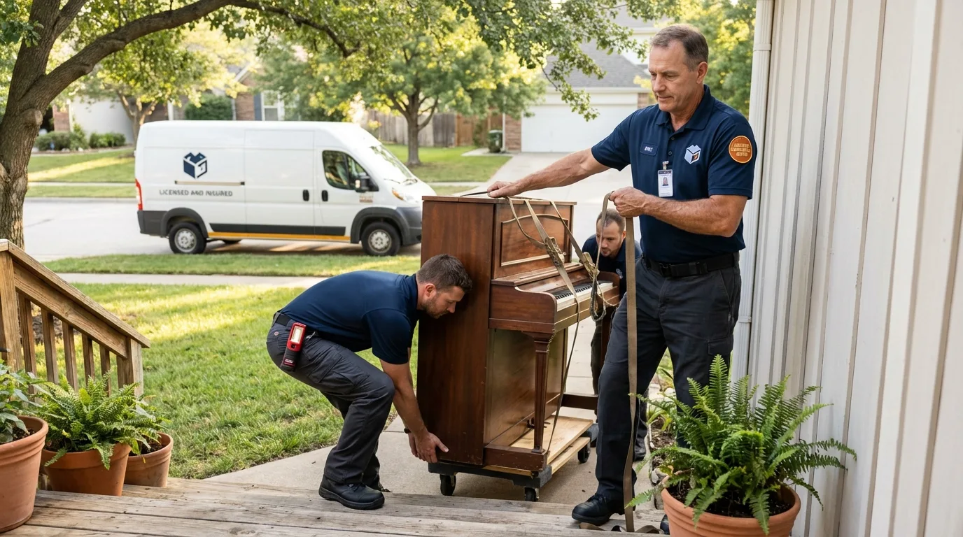 Licensed piano movers securing grand piano in Gurdon, AR